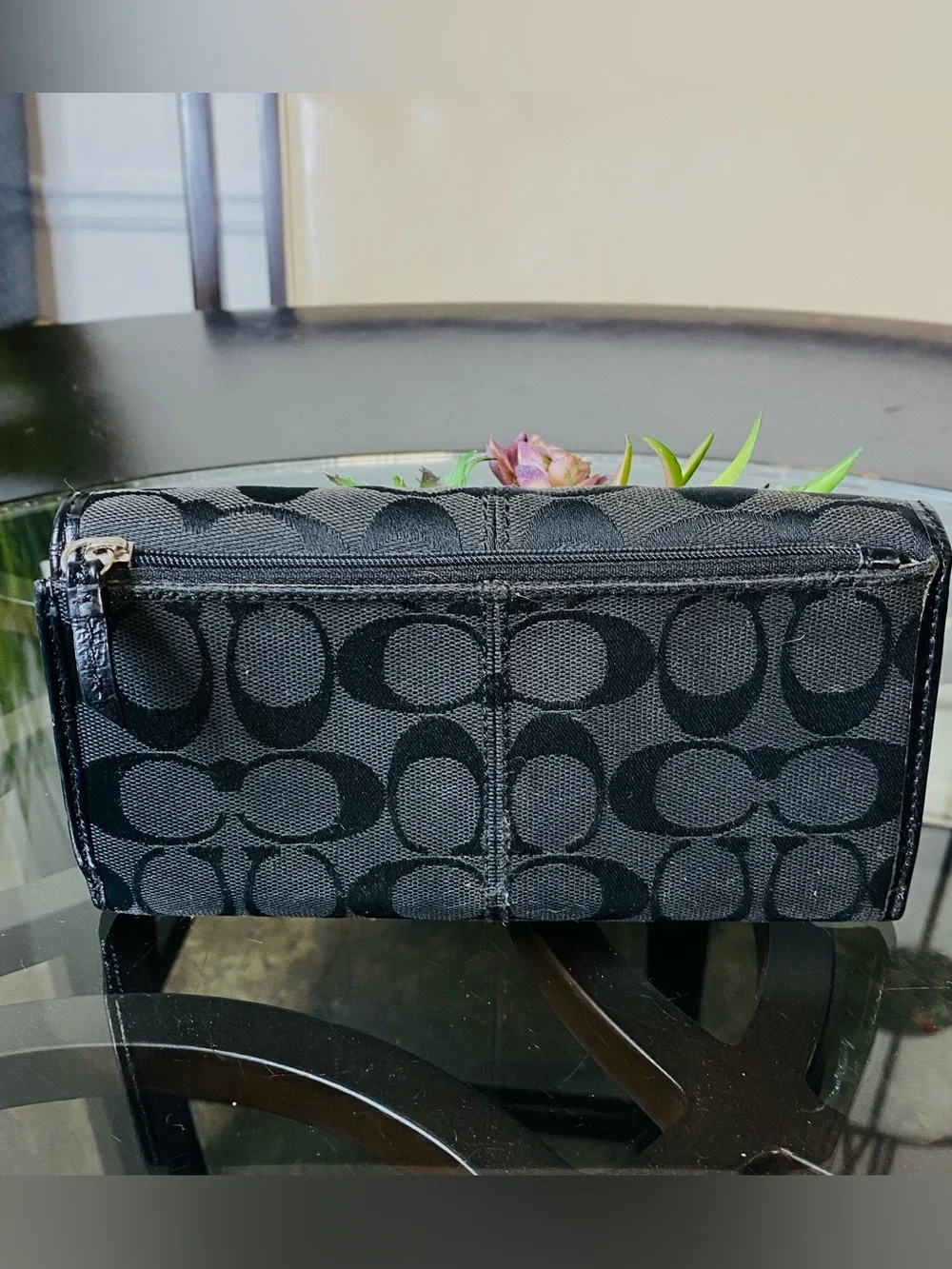 Coach Soho Black Signature Jacquard Pleated Wallet Checkbook Patent Trim Vintage